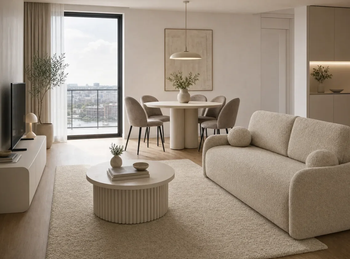 Molivin interior design concept render with a sculptural sofa and dining area