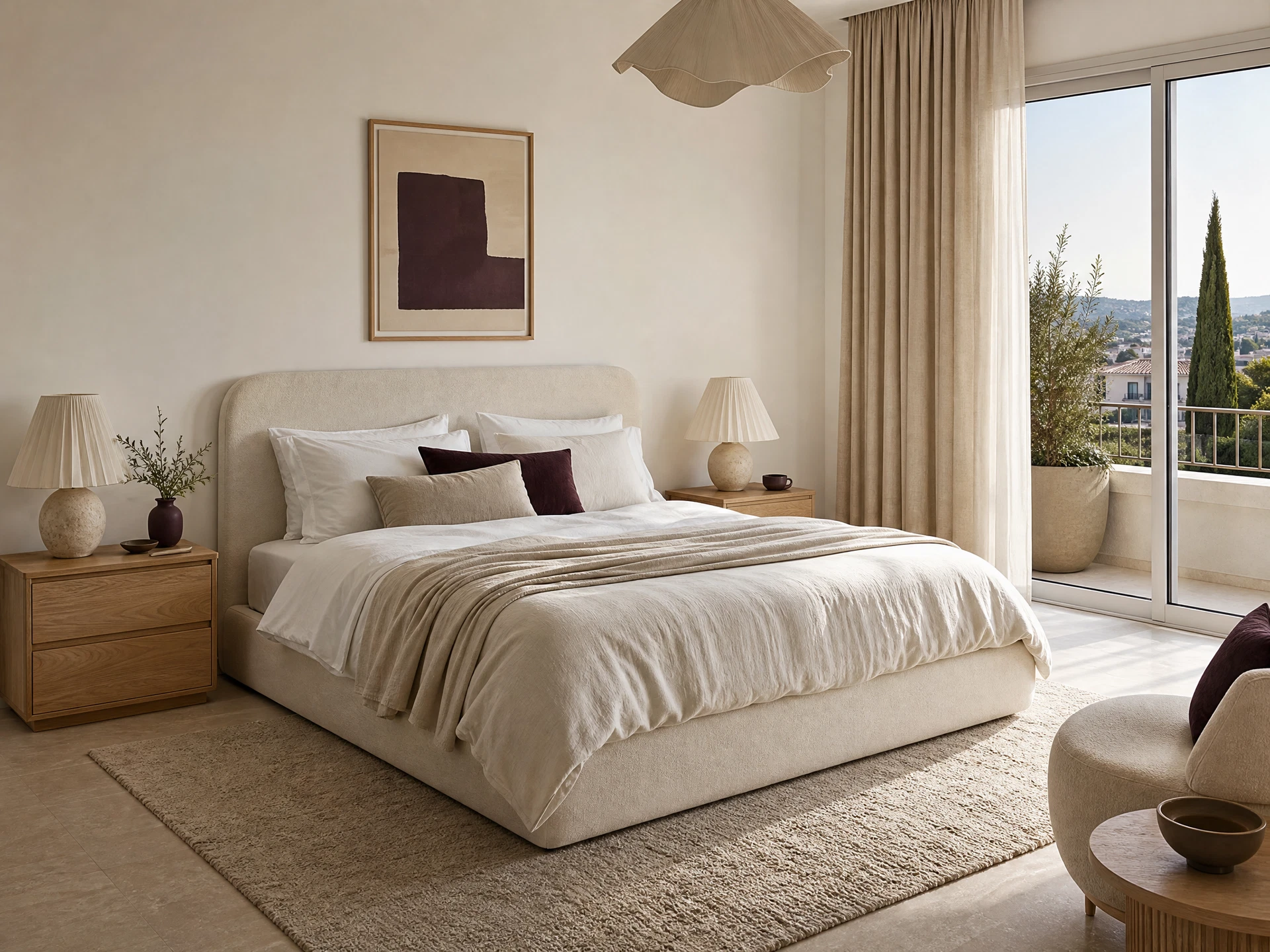 Calm Linen bedroom concept with bed, nightstands, lighting and curtains