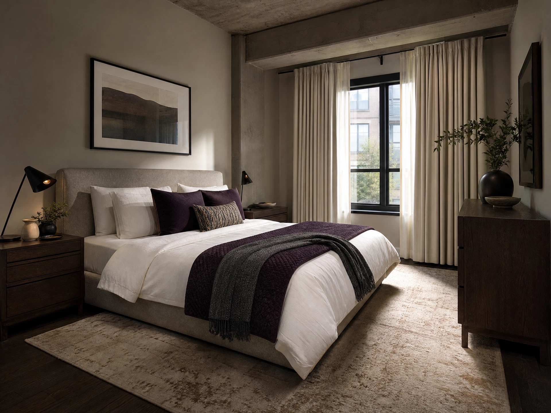 Dark Oak Retreat bedroom concept with coordinated furniture and lighting